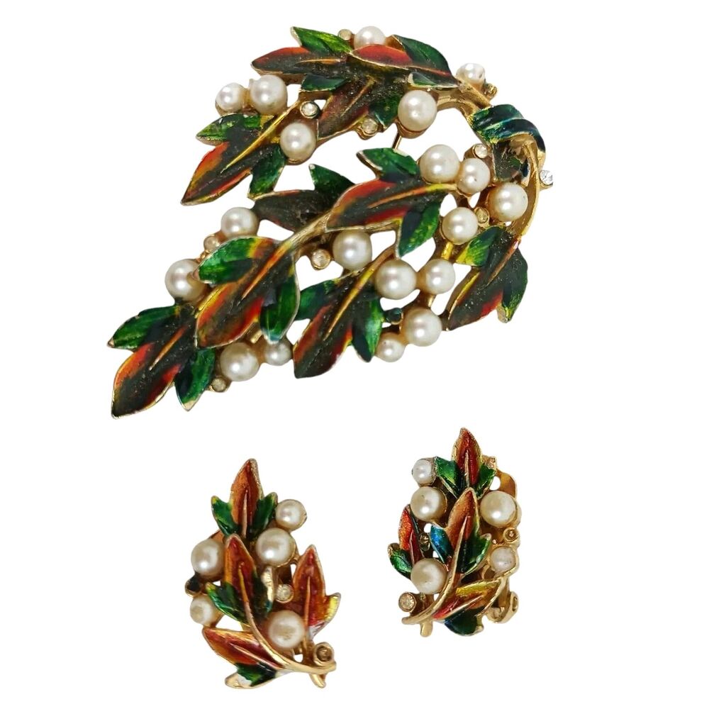 Vtg ART Arthur Pepper Enamel Faux Pearl & Rhinestone Brooch & Earrings Set Leaf